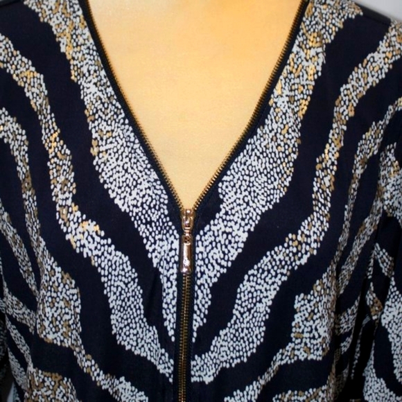JM Collection V-Neck Navy & Metallic 3/4 Sleeve  Zebra Print Top - Picture 7 of 15